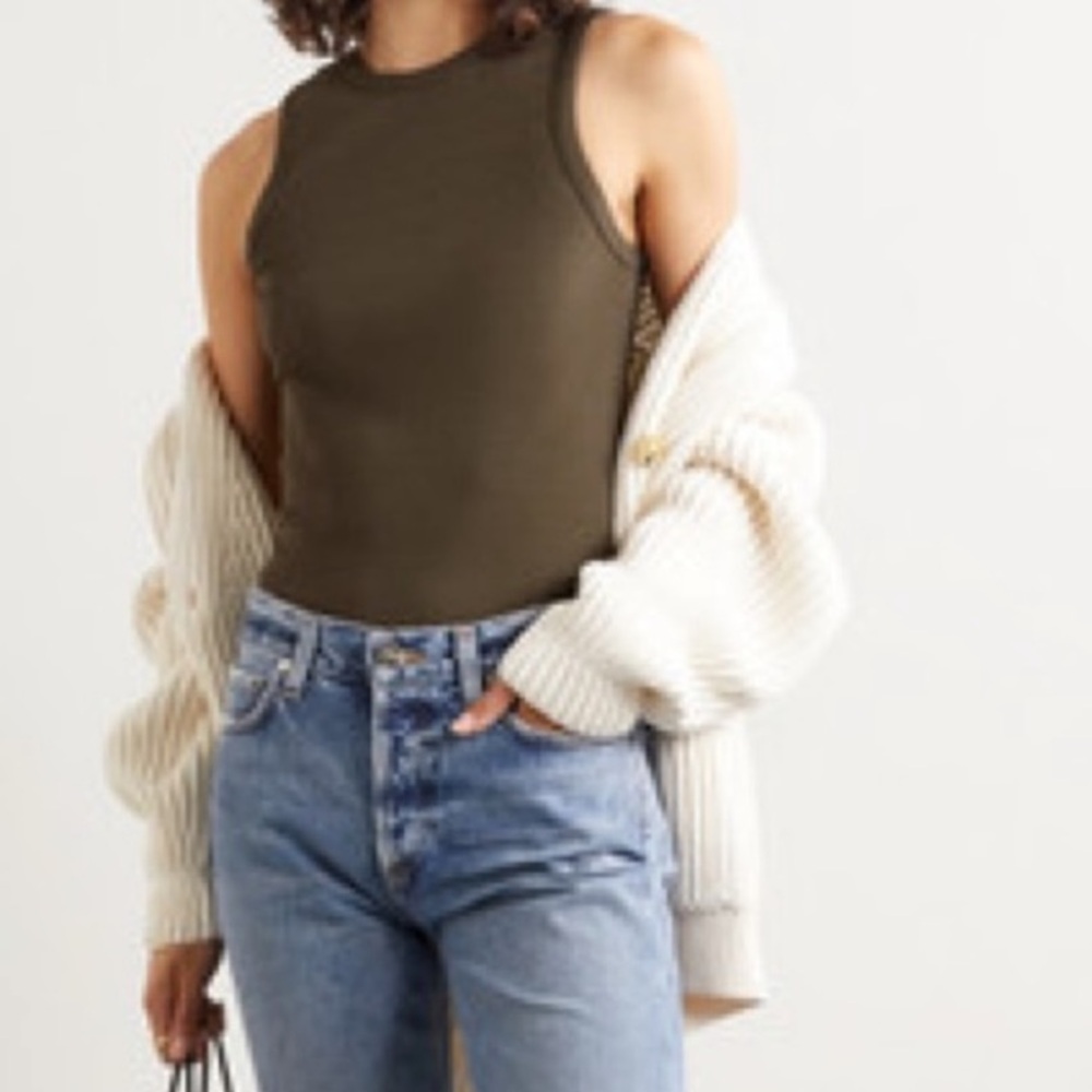 Goldsign The Ribbed Stretch Jersey Knit Slim Tank Top Lizard Olive Green M
